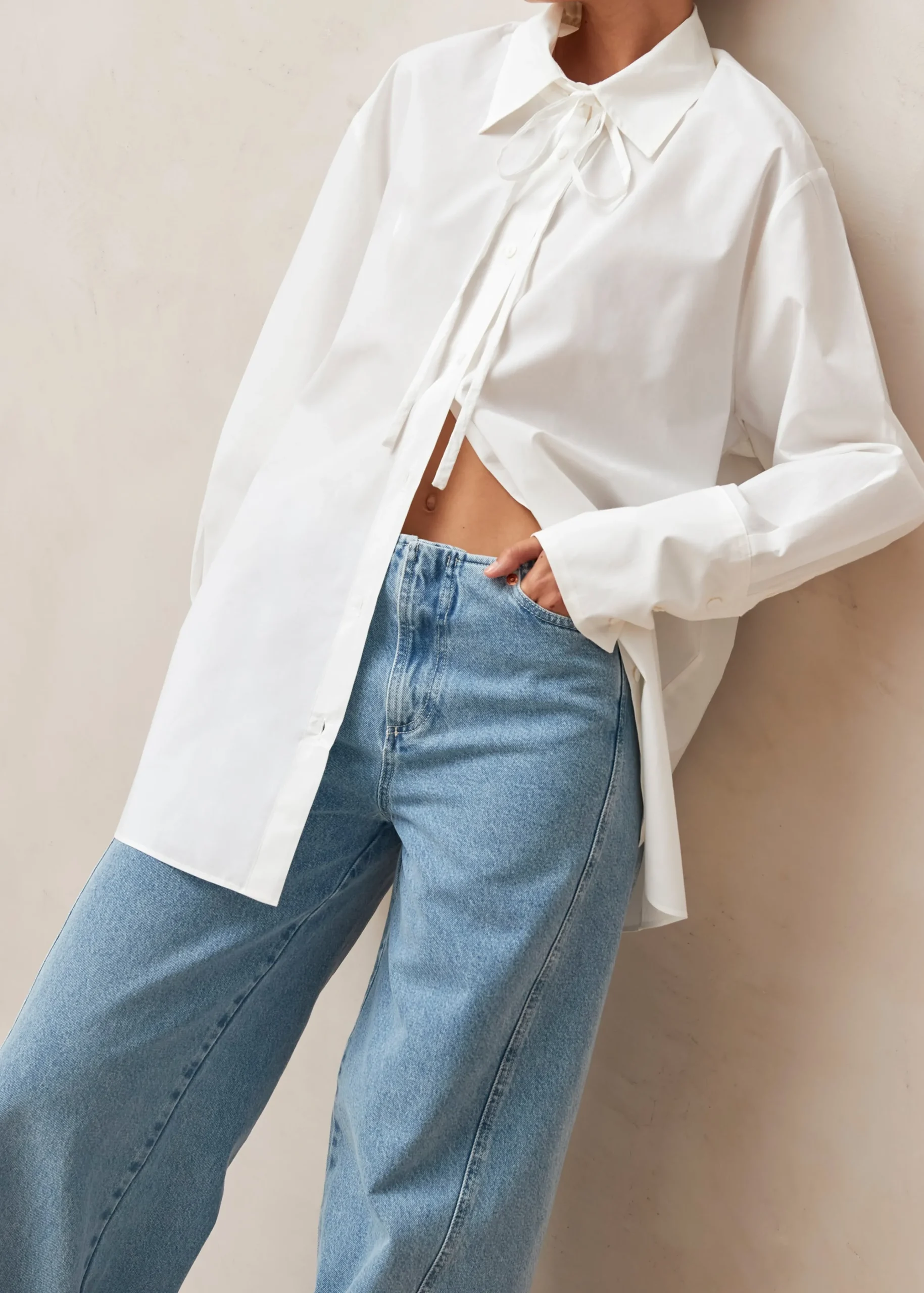 Sempe - Camisa Blanca De Algodón Con Lazo Al Cuello