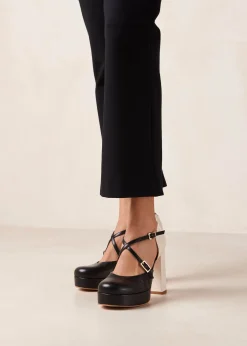 Zapato De Tacón De Lana Bicolor Negro Crema De Cuero