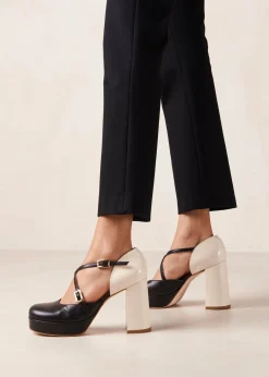 Zapato De Tacón De Lana Bicolor Negro Crema De Cuero