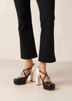 Zapato De Tacón De Lana Bicolor Negro Crema De Cuero