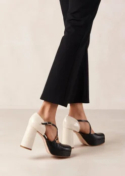 Zapato De Tacón De Lana Bicolor Negro Crema De Cuero